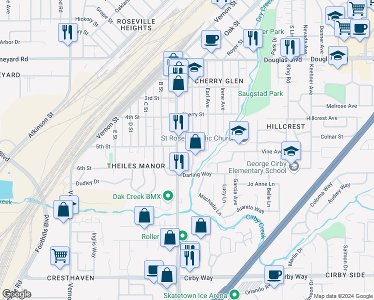 map of restaurants, bars, coffee shops, grocery stores, and more near 513 Riverside Avenue in Roseville