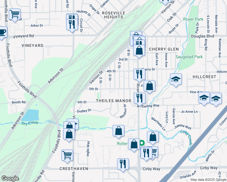 map of restaurants, bars, coffee shops, grocery stores, and more near in Roseville