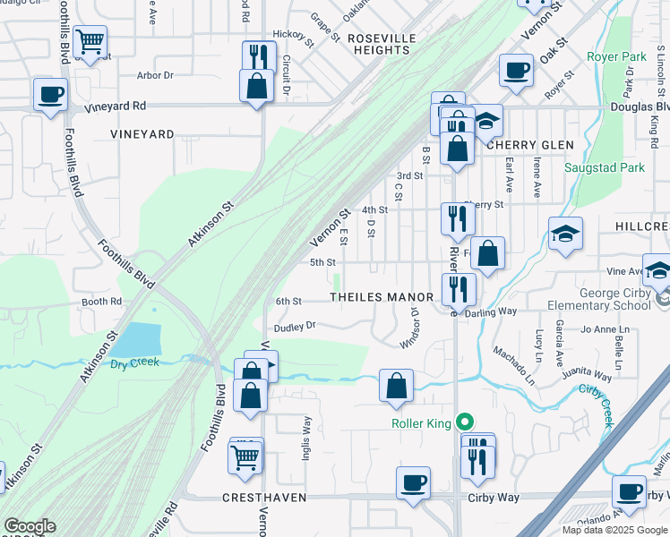 map of restaurants, bars, coffee shops, grocery stores, and more near 504 E Street in Roseville