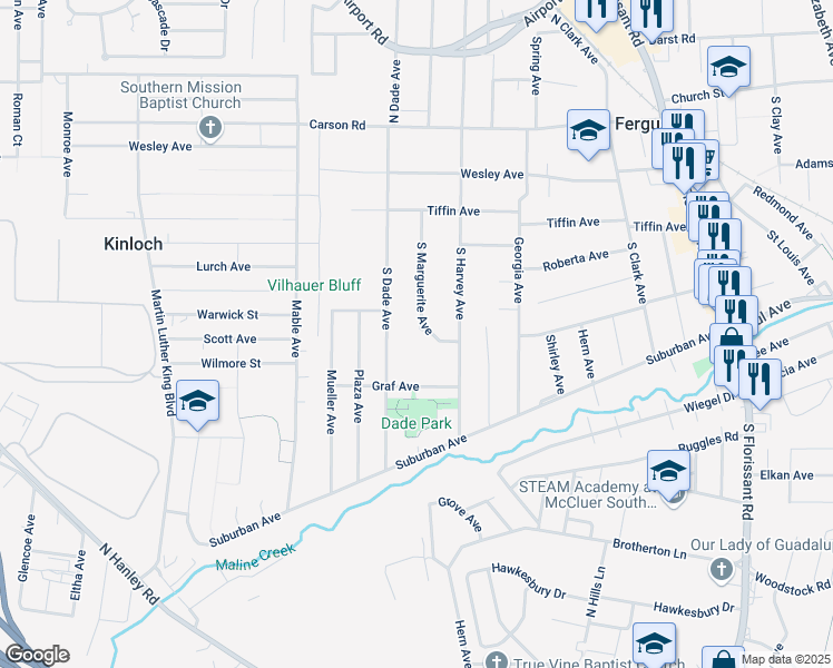 map of restaurants, bars, coffee shops, grocery stores, and more near 338 South Dade Avenue in Ferguson