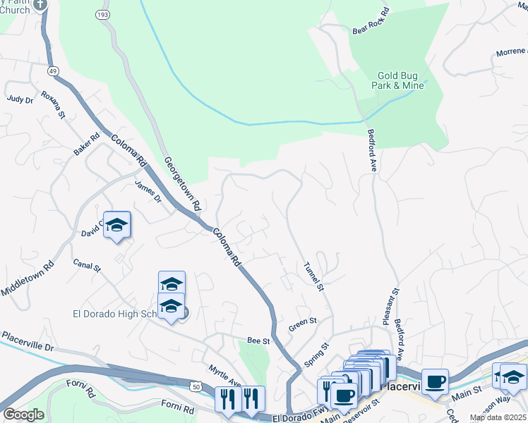 map of restaurants, bars, coffee shops, grocery stores, and more near 900 Hillcrest Street in Placerville