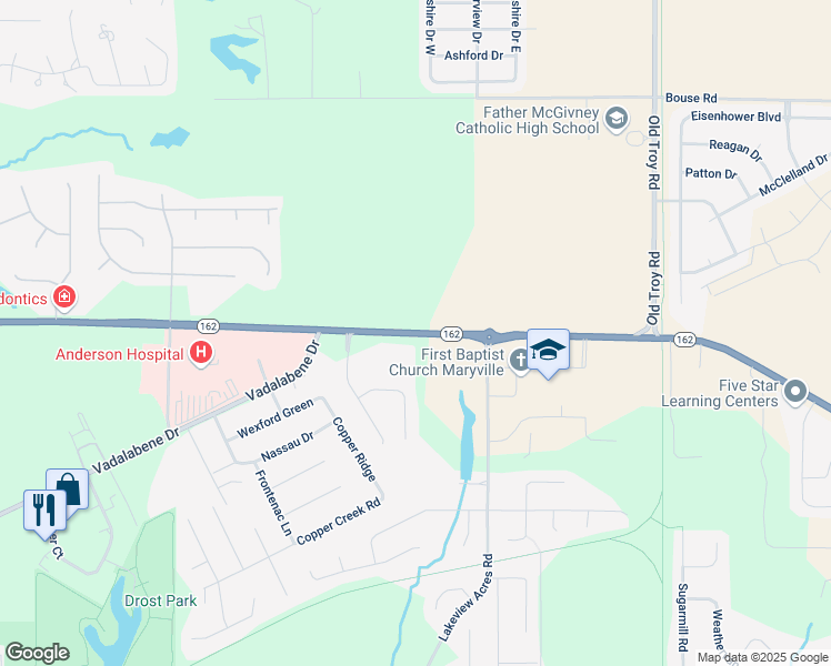 map of restaurants, bars, coffee shops, grocery stores, and more near 6955 Illinois 162 in Maryville