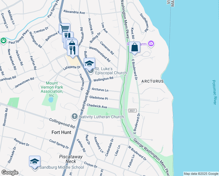 map of restaurants, bars, coffee shops, grocery stores, and more near 1106 Arcturus Lane in Alexandria