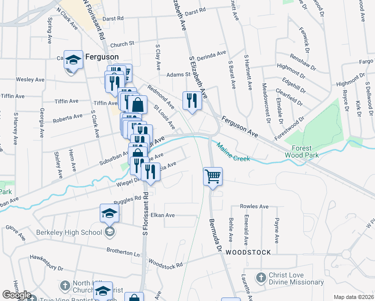 map of restaurants, bars, coffee shops, grocery stores, and more near 607 East Avenue in Ferguson
