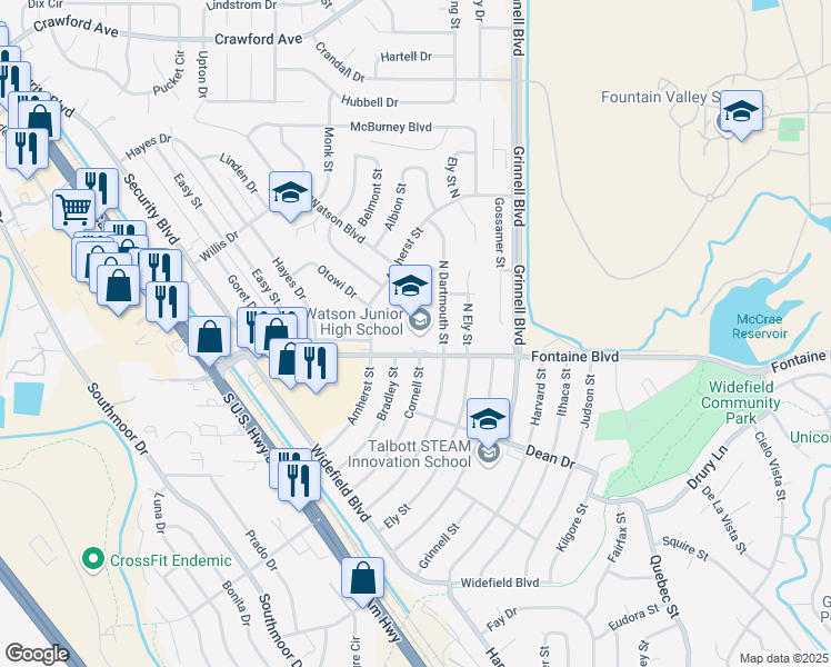 map of restaurants, bars, coffee shops, grocery stores, and more near 136 Fontaine Boulevard in Colorado Springs