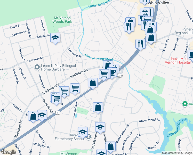 map of restaurants, bars, coffee shops, grocery stores, and more near 3513 Rolling Hills Avenue in Alexandria