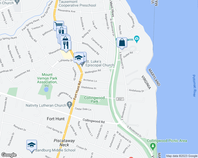 map of restaurants, bars, coffee shops, grocery stores, and more near 1106 Arcturus Lane in Alexandria