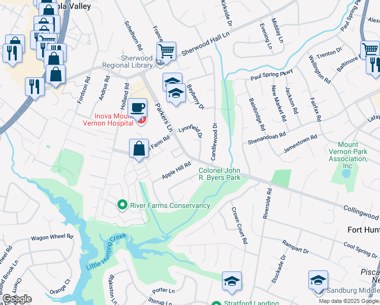 map of restaurants, bars, coffee shops, grocery stores, and more near 2402 Parkers Lane in Alexandria