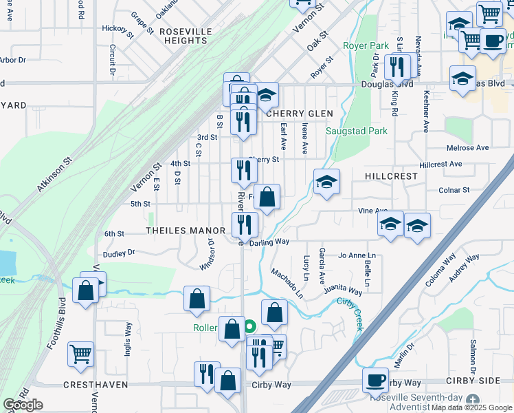 map of restaurants, bars, coffee shops, grocery stores, and more near 513 Riverside Avenue in Roseville