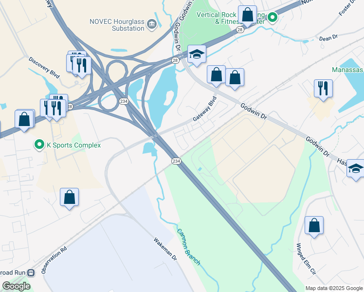 map of restaurants, bars, coffee shops, grocery stores, and more near 9881 Hopkins Loop in Manassas