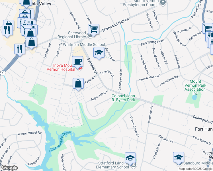 map of restaurants, bars, coffee shops, grocery stores, and more near 2402 Parkers Lane in Alexandria