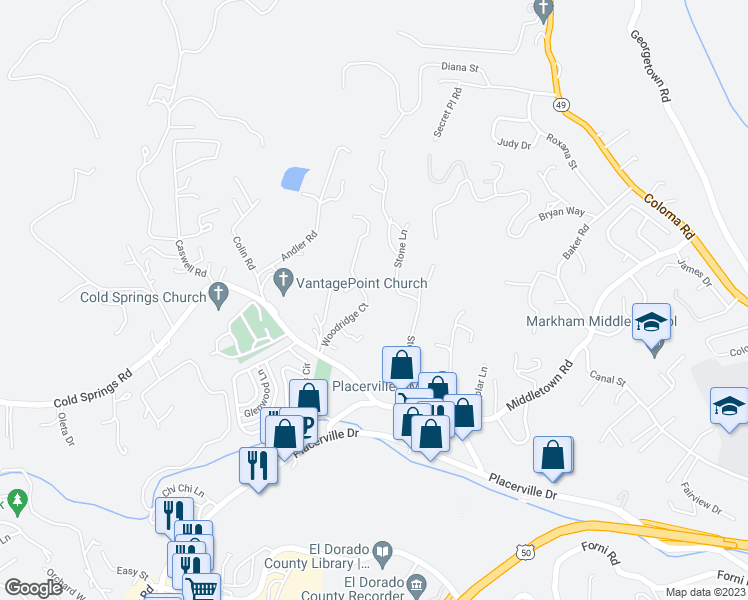 map of restaurants, bars, coffee shops, grocery stores, and more near 2711 Woodridge Court in Placerville