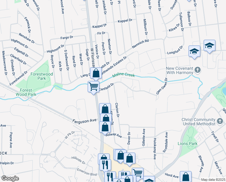 map of restaurants, bars, coffee shops, grocery stores, and more near 9319 Clarion Drive in St. Louis