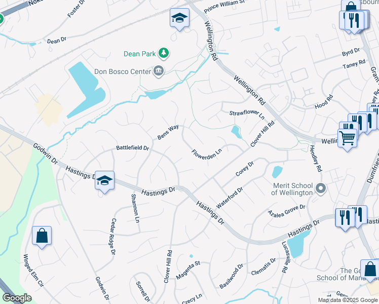 map of restaurants, bars, coffee shops, grocery stores, and more near 9431 Flowerden Lane in Manassas