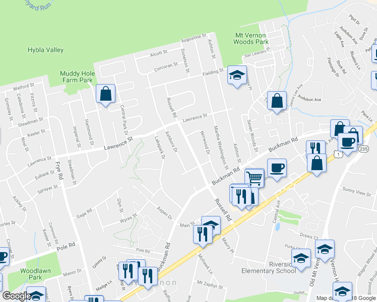 map of restaurants, bars, coffee shops, grocery stores, and more near 8102 Russell Road in Alexandria