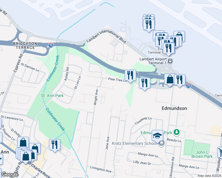 map of restaurants, bars, coffee shops, grocery stores, and more near 10049 Douglass Ct in St Ann