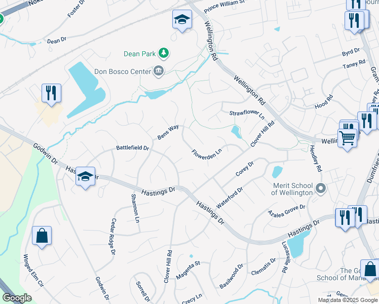 map of restaurants, bars, coffee shops, grocery stores, and more near 9431 Flowerden Lane in Manassas