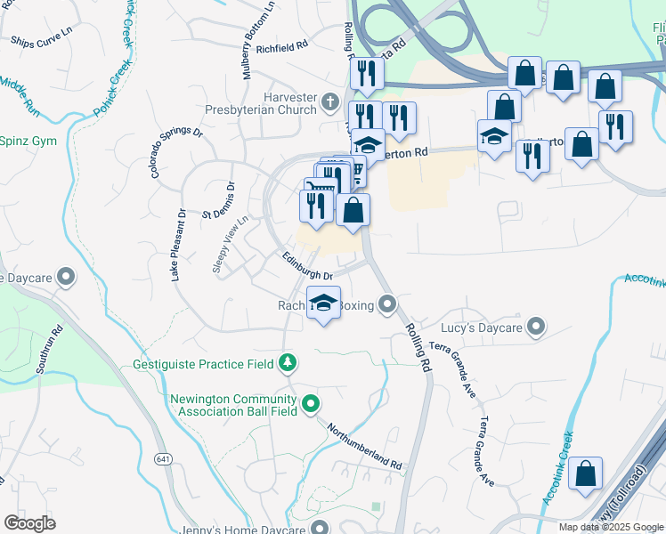 map of restaurants, bars, coffee shops, grocery stores, and more near 8076 Barcarole Court in Springfield
