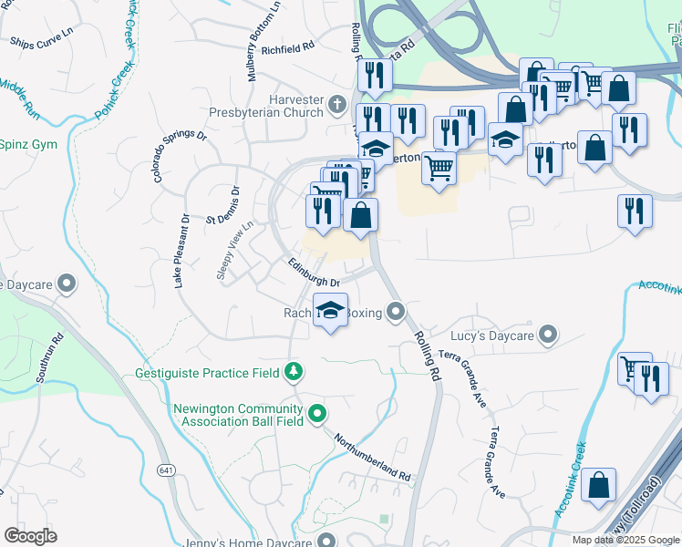 map of restaurants, bars, coffee shops, grocery stores, and more near 8076 Barcarole Court in Springfield