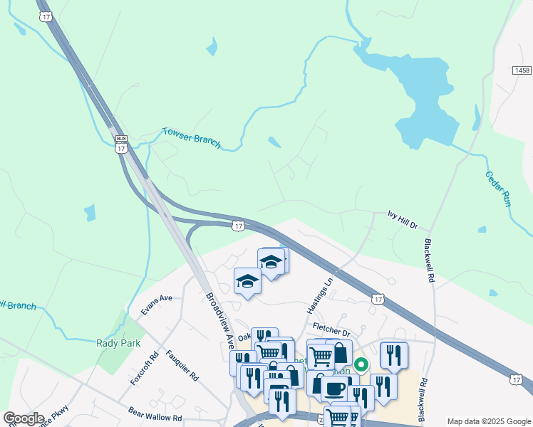 map of restaurants, bars, coffee shops, grocery stores, and more near 7131 Ivy Hill Drive in Warrenton