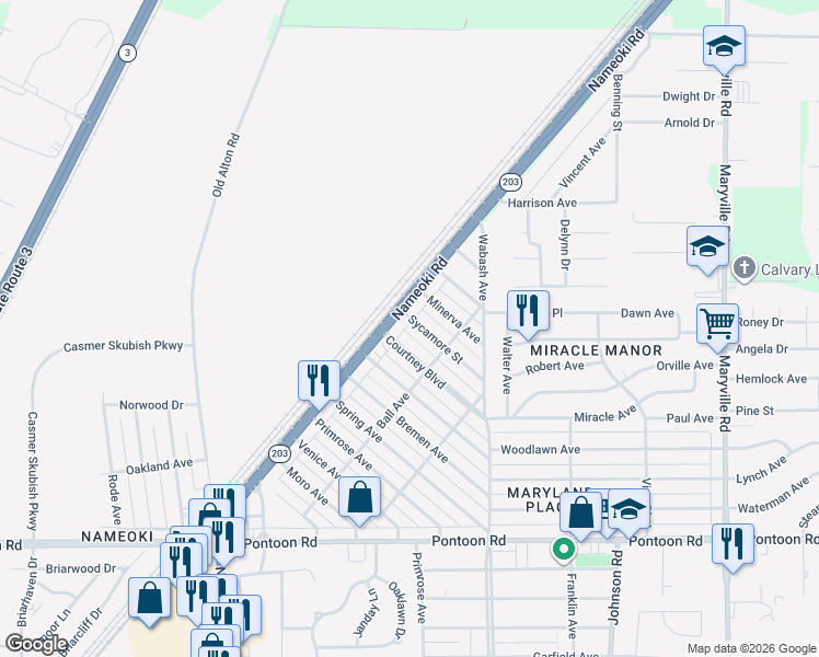 map of restaurants, bars, coffee shops, grocery stores, and more near 1604 Courtney Boulevard in Granite City