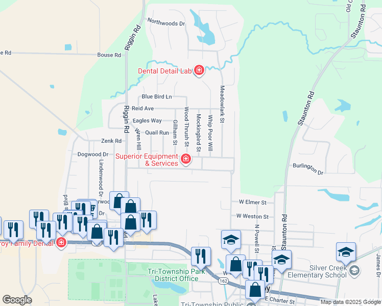 map of restaurants, bars, coffee shops, grocery stores, and more near 307 Meadow Drive in Troy