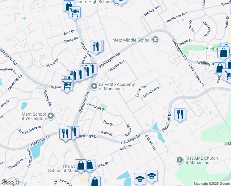map of restaurants, bars, coffee shops, grocery stores, and more near 10006 South Grant Avenue in Manassas