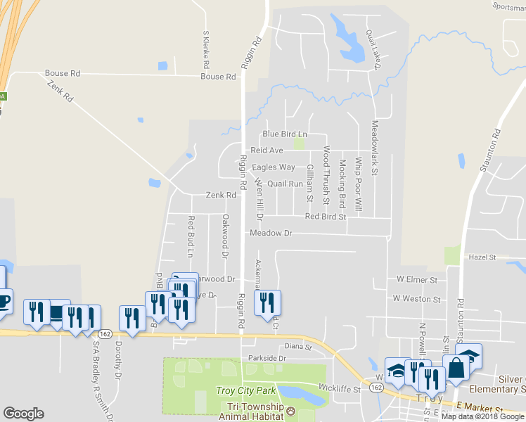 map of restaurants, bars, coffee shops, grocery stores, and more near 515 Wren Hill in Troy