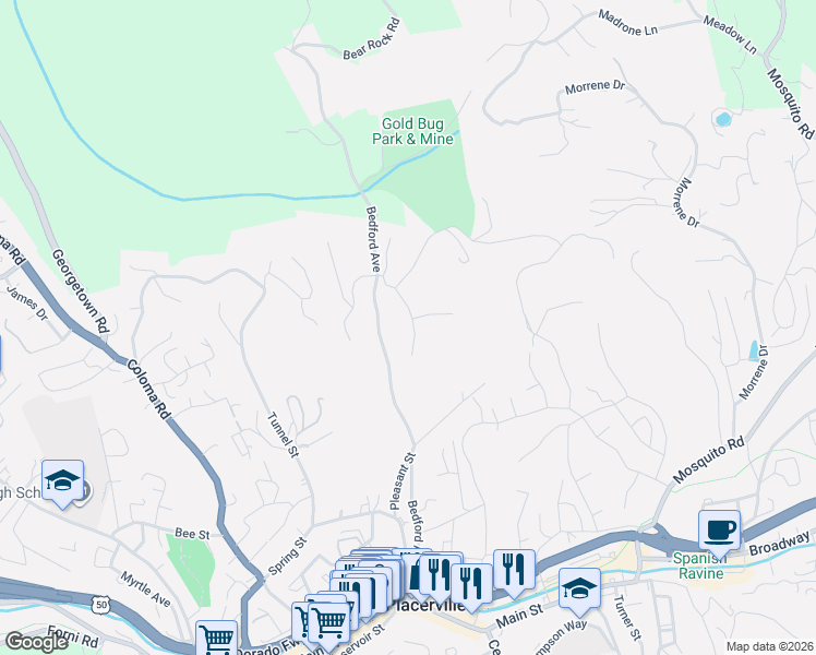 map of restaurants, bars, coffee shops, grocery stores, and more near 2532 Golden Eagle Drive in Placerville