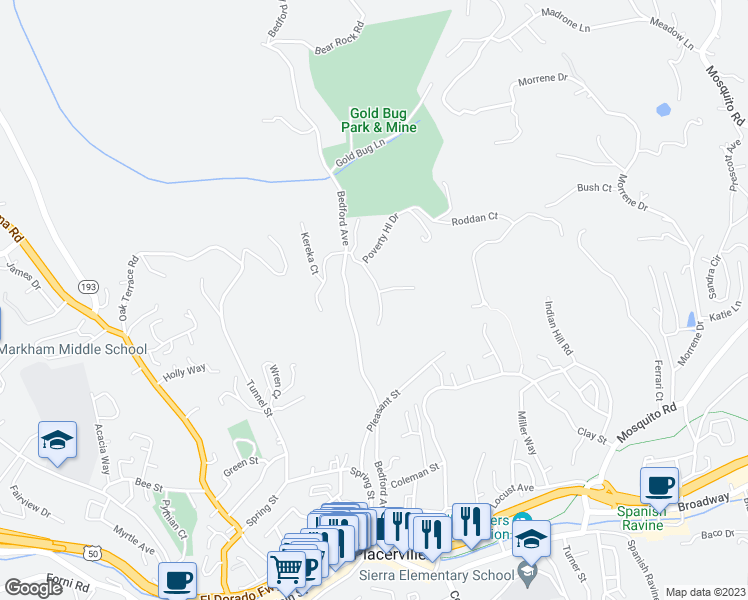 map of restaurants, bars, coffee shops, grocery stores, and more near 2548 Golden Eagle Drive in Placerville