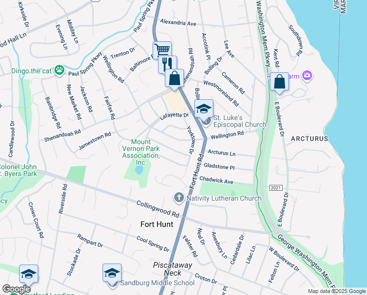 map of restaurants, bars, coffee shops, grocery stores, and more near 8042 Wellington Road in Alexandria