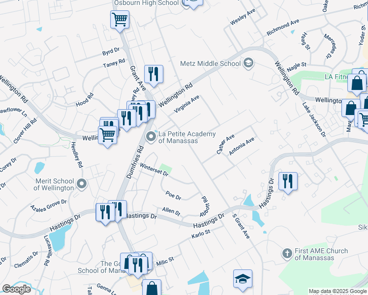 map of restaurants, bars, coffee shops, grocery stores, and more near 10006 South Grant Avenue in Manassas