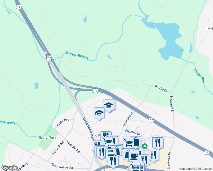 map of restaurants, bars, coffee shops, grocery stores, and more near 7131 Ivy Hill Drive in Warrenton