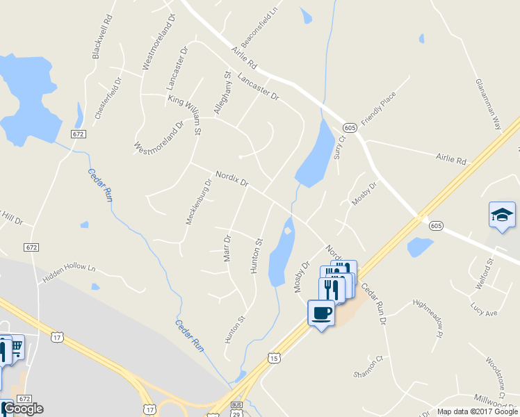 map of restaurants, bars, coffee shops, grocery stores, and more near 7226 Hunton Street in Warrenton