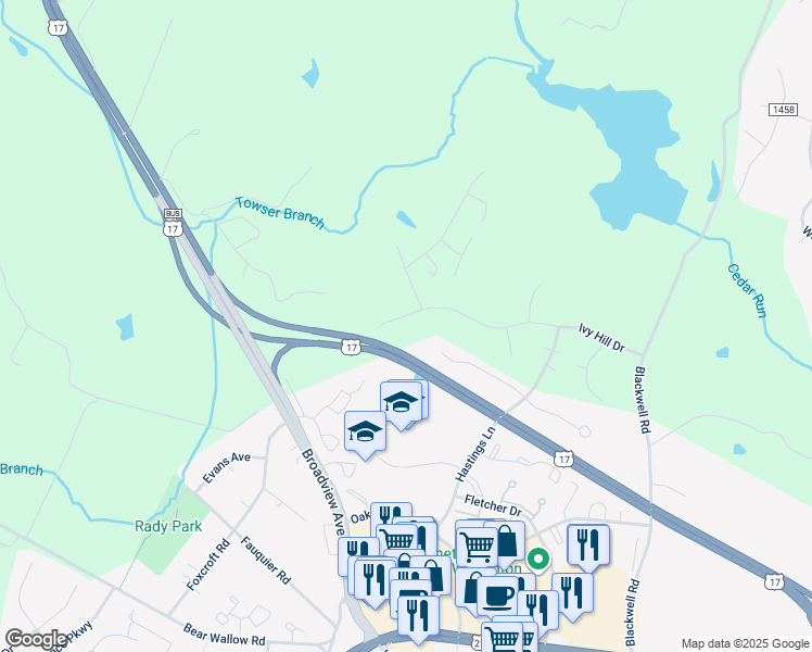 map of restaurants, bars, coffee shops, grocery stores, and more near 7123 Ivy Hill Drive in Warrenton