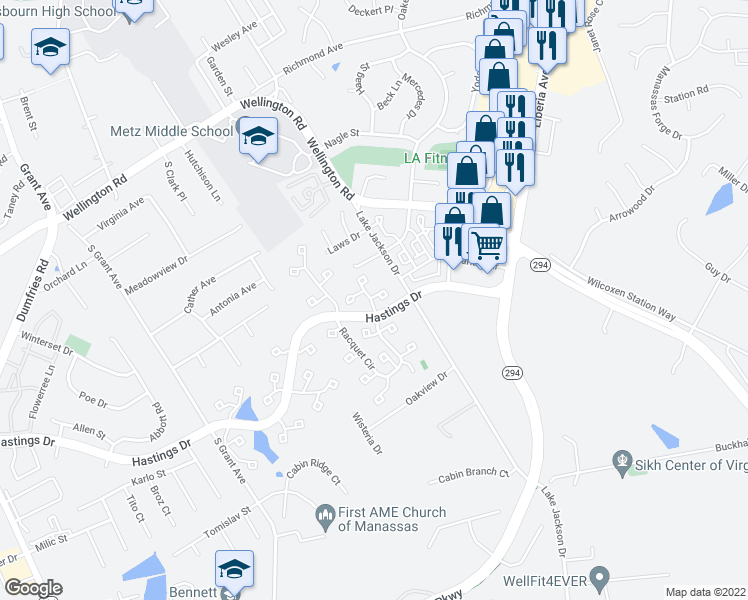 map of restaurants, bars, coffee shops, grocery stores, and more near 10001 Wimbledon Court in Manassas