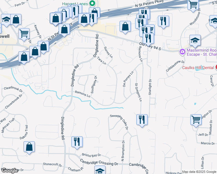 map of restaurants, bars, coffee shops, grocery stores, and more near 37 Melanie Court in Saint Charles