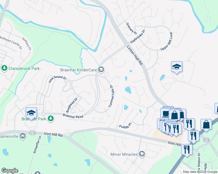 map of restaurants, bars, coffee shops, grocery stores, and more near 12170 Hopper Lane in Linton Hall