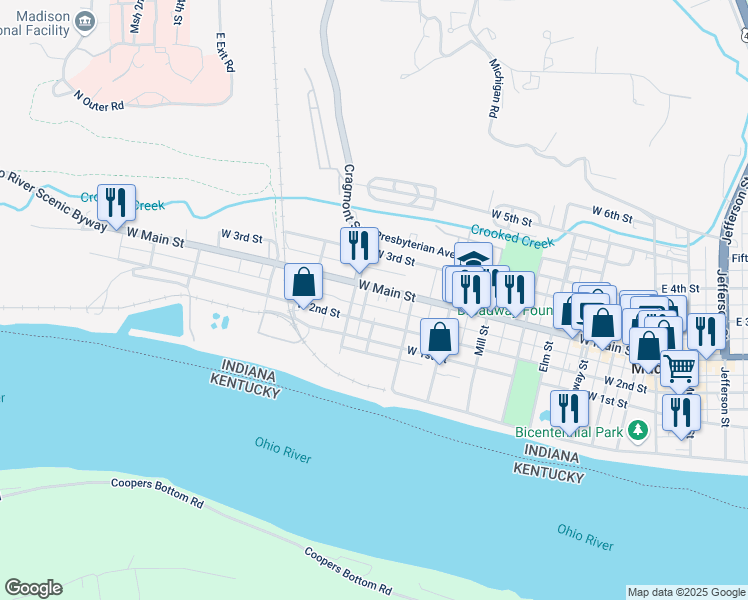 map of restaurants, bars, coffee shops, grocery stores, and more near 918 West 2nd Street in Madison