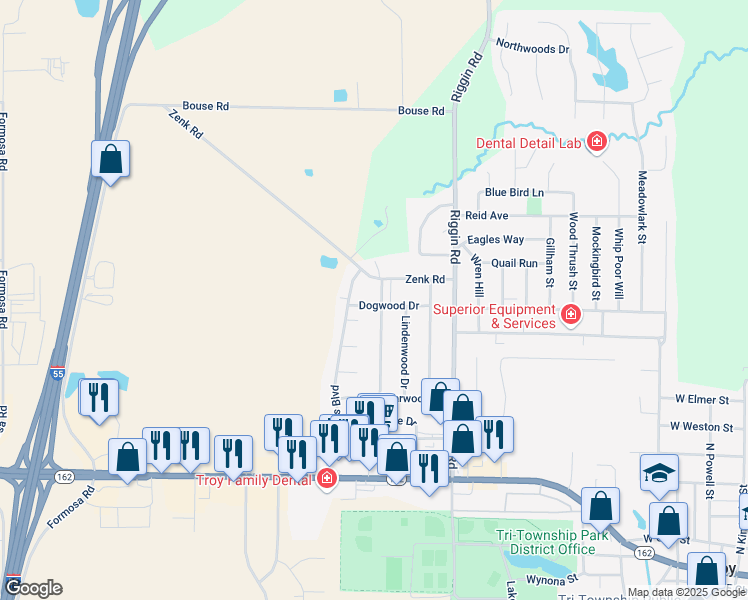 map of restaurants, bars, coffee shops, grocery stores, and more near 504 Red Bud Lane in Troy