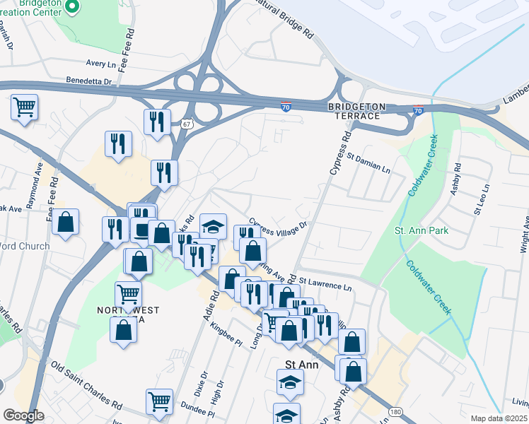 map of restaurants, bars, coffee shops, grocery stores, and more near 11346 Cypress Village Drive in Bridgeton