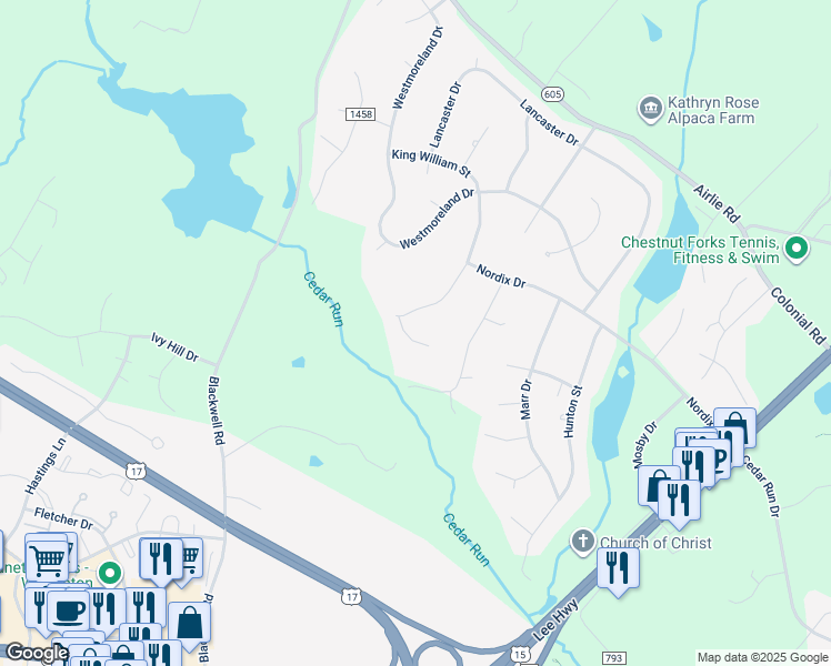 map of restaurants, bars, coffee shops, grocery stores, and more near 6472 Appomattox Drive in Warrenton