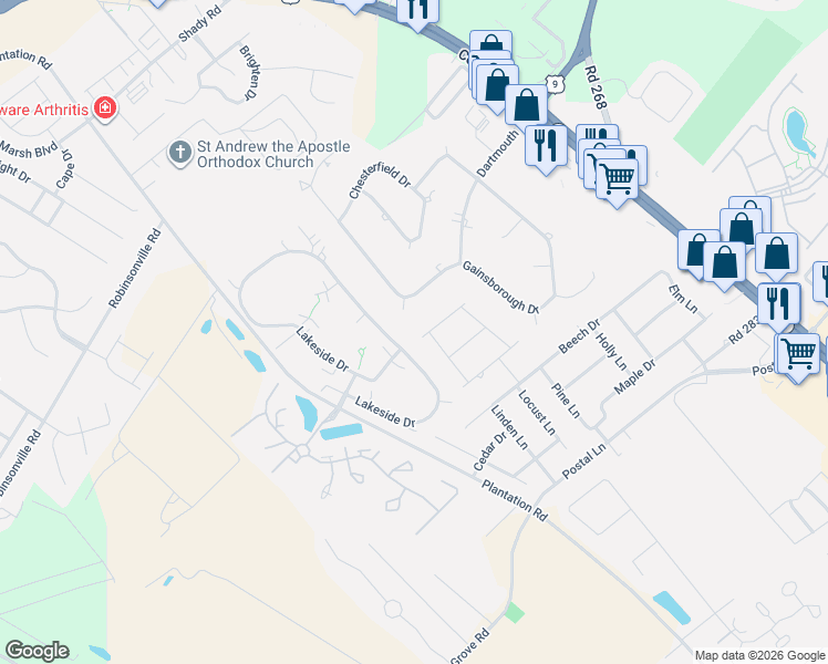 map of restaurants, bars, coffee shops, grocery stores, and more near 176 Lakeside Drive in Lewes