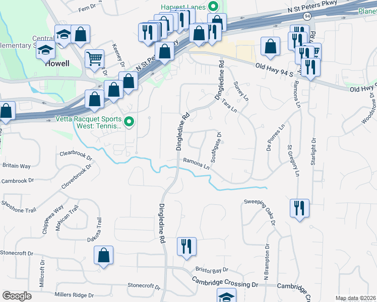 map of restaurants, bars, coffee shops, grocery stores, and more near 4079 Ramona Lane in Saint Charles