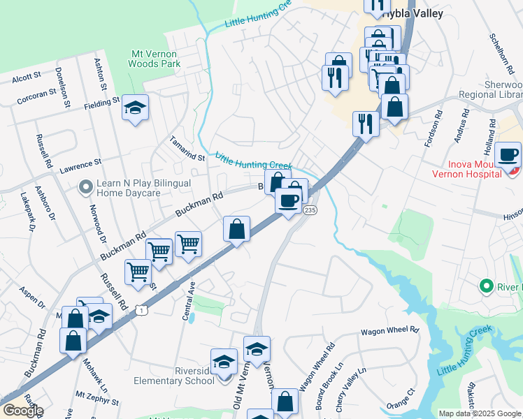 map of restaurants, bars, coffee shops, grocery stores, and more near 3509 Rolling Hills Avenue in Alexandria
