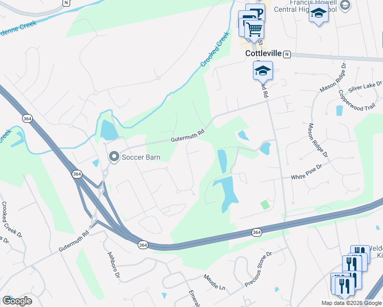 map of restaurants, bars, coffee shops, grocery stores, and more near 5254 Gutermuth Road in Saint Charles