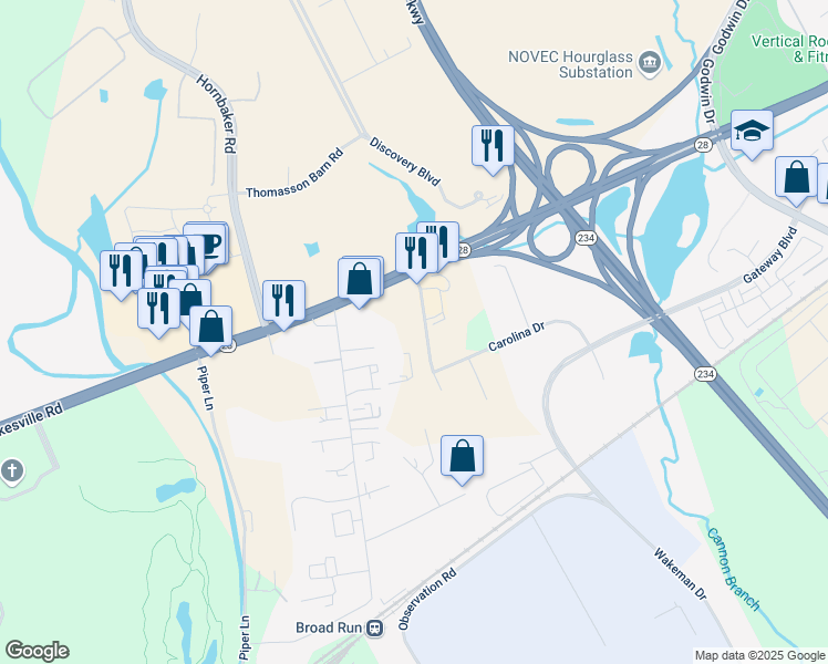 map of restaurants, bars, coffee shops, grocery stores, and more near 10000 Pennsylvania Avenue in Manassas