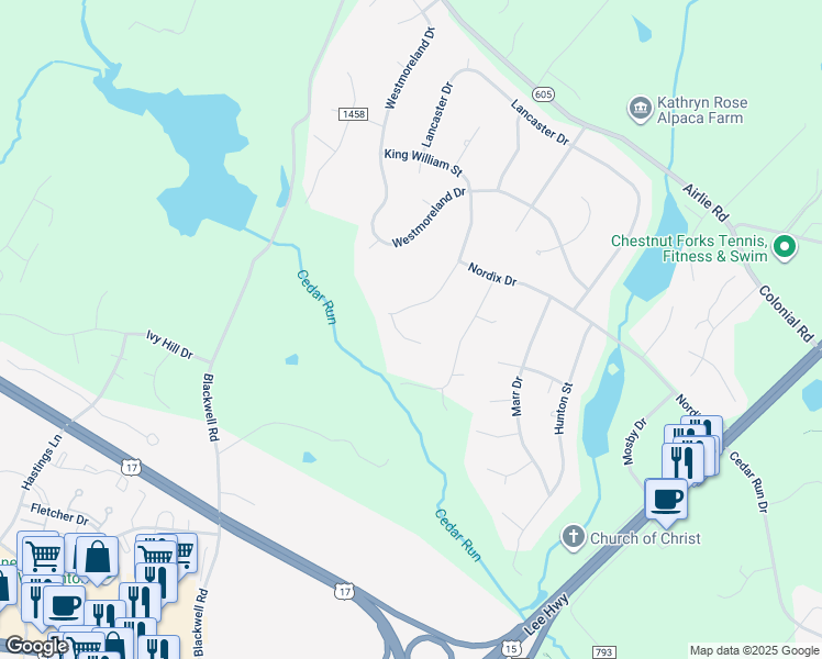 map of restaurants, bars, coffee shops, grocery stores, and more near 6472 Appomattox Drive in Warrenton