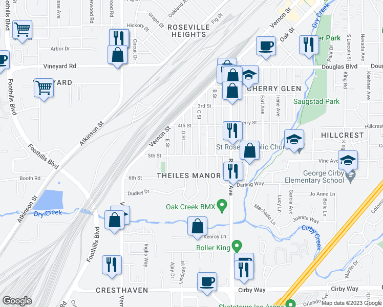map of restaurants, bars, coffee shops, grocery stores, and more near 513 1/2 C Street in Roseville