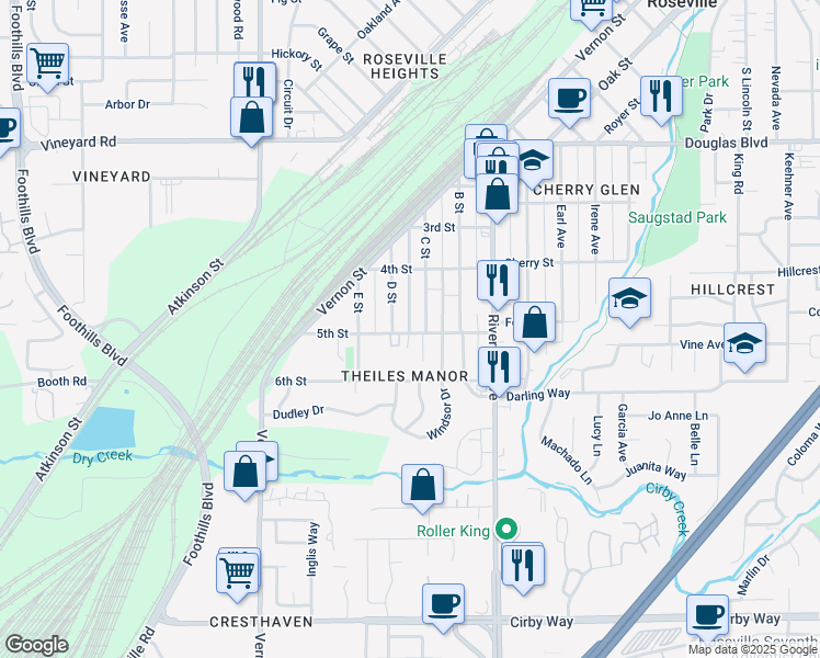 map of restaurants, bars, coffee shops, grocery stores, and more near 323 1/2 C Street in Roseville